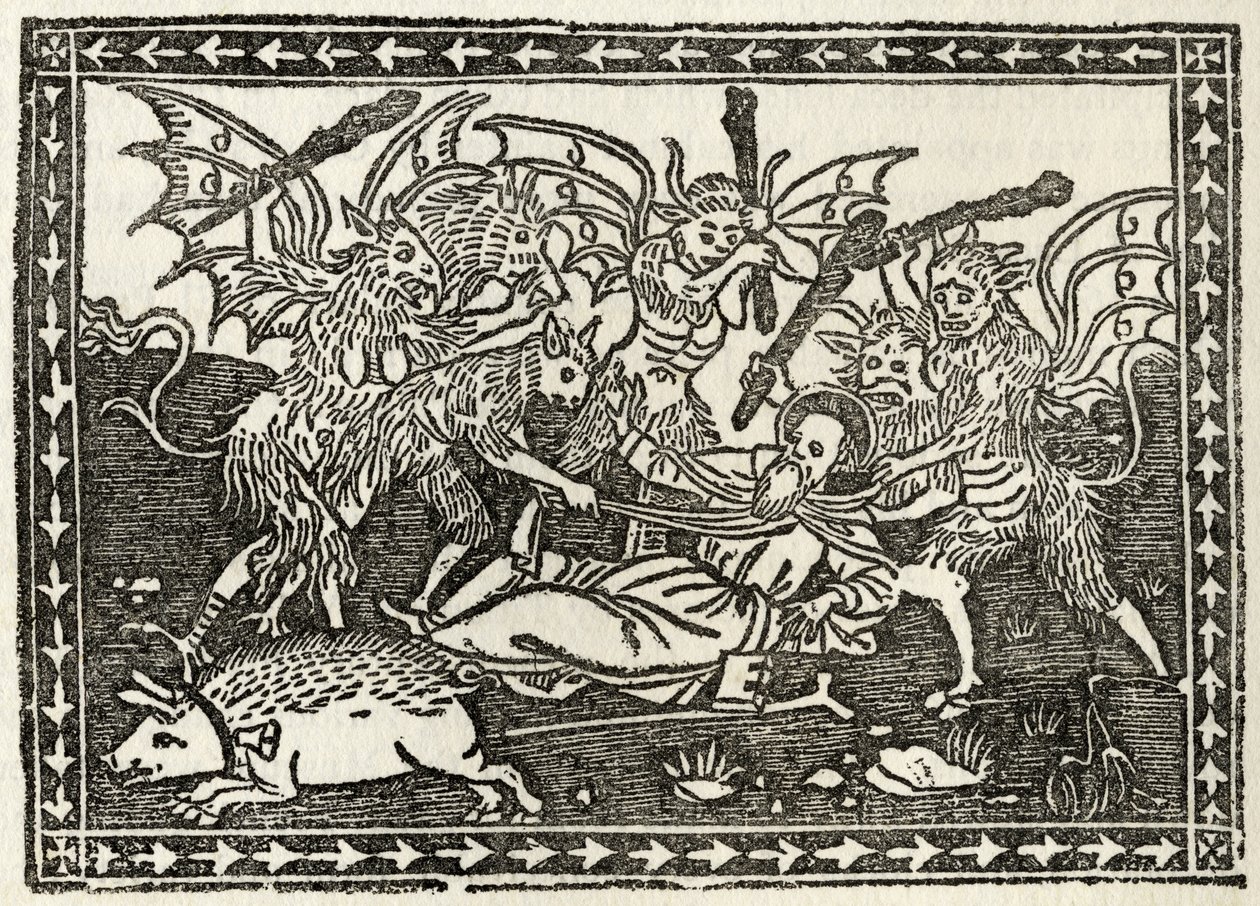 Bastinading of St. Anthony, z „Katalogu zbioru rycin, sztychów i drzeworytów” Richarda Fishera, opublikowany w 1879 r. autorstwa Italian School
