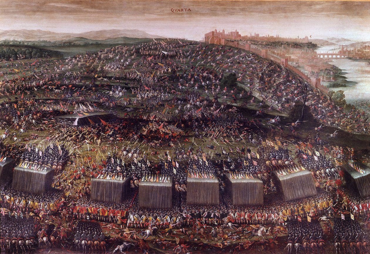 Bitwa pod Białą Górą w czasie wojny trzydziestoletniej (1620 Niemcy), która przeciwstawiła Czechy kierowane przez Fryderyka V Lidze Świętej. Farba olejna. Rzym, Kościół Najświętszej Marii Panny Zwycięskiej. autorstwa Italian School