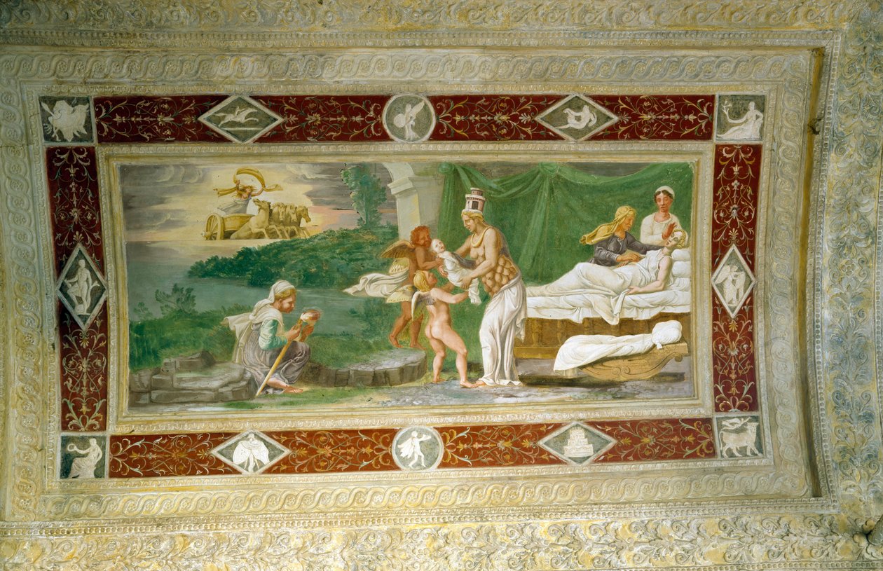Narodziny Memnona, malowidło na suficie w loggii Appartamento della Grotto (Sekretny Ogród) 1534 autorstwa Italian School