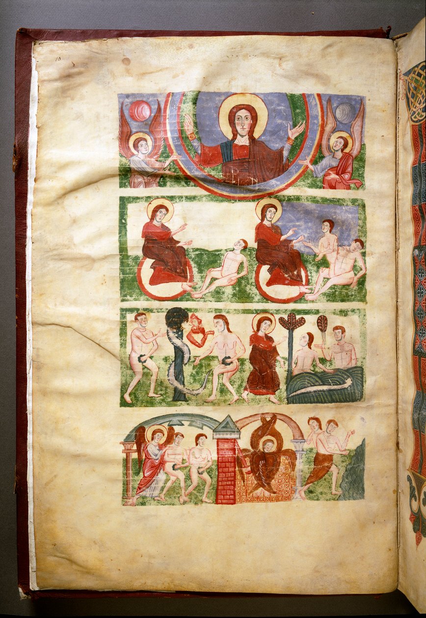 Stworzenie Adama i Ewy, grzech pierworodny i ich wygnanie z Raju. Frontyspis rękopisu z XI lub XII wieku. (Ms.1273) Rzym, Biblioteca Angelica autorstwa Italian School