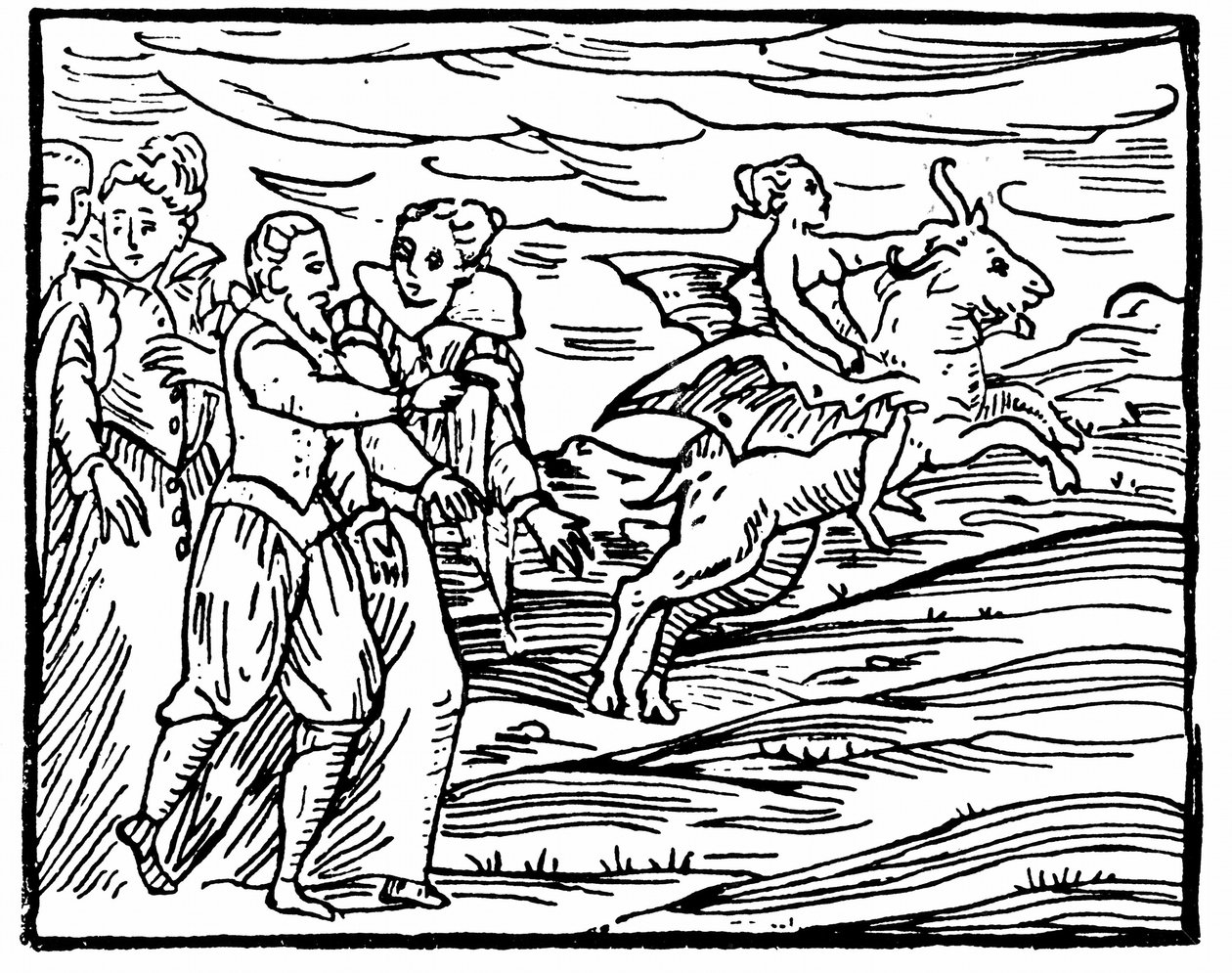 Diabeł w postaci latającej kozy niosącej wiedźmę na szabat, ilustracja z Kompendium Maleficarum autorstwa Francesco Marii Guazzo, 1608 autorstwa Italian School