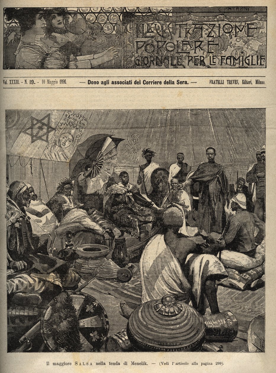 Pierwsza wojna włosko-etiopska (1895-1896). Major Tommaso Salsa i kapitan Annibale Anghera przed cesarzem Etiopii Menelikiem II (1844-1913) - rycina z „” illustrazione popolare - giornale per le famiglie - 1896 - Negocjacje pokojowe z autorstwa Italian School