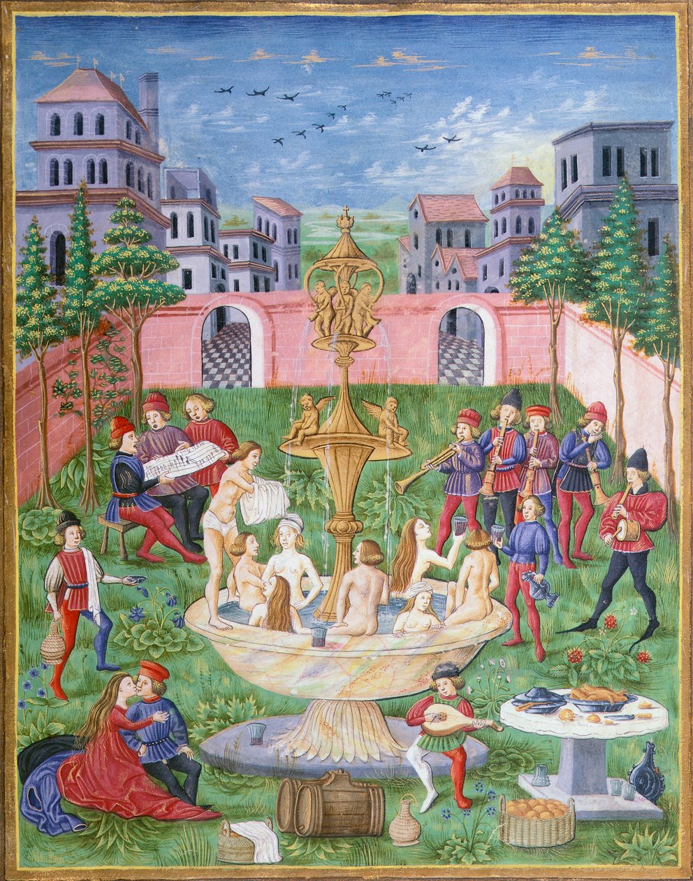 Fontanna życia: śpiewacy i muzycy w ogrodzie, miniatura z De Sphaera, Leonarda Dati autorstwa Italian School