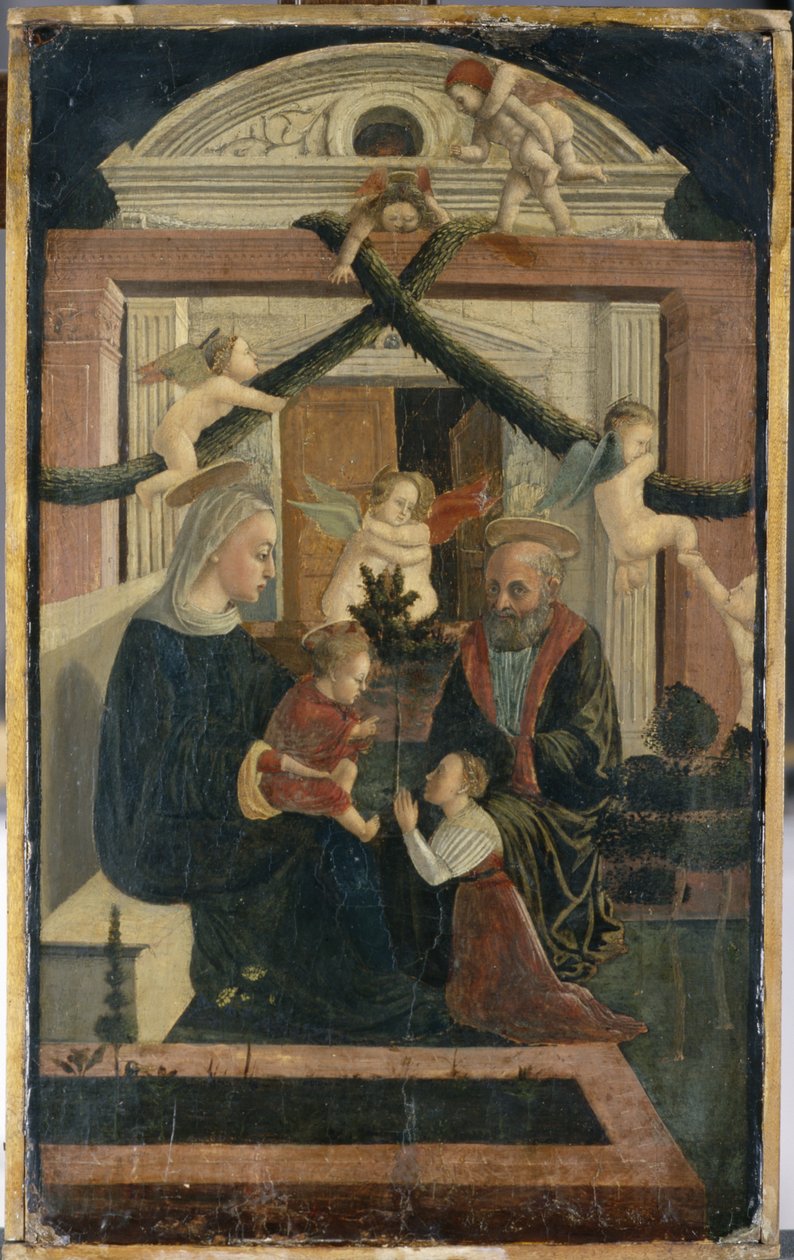 Święta Rodzina z darczyńcą w modlitwie i zabawie aniołów, ok. 1460 (tempera na drewnie sosnowym) autorstwa Italian School