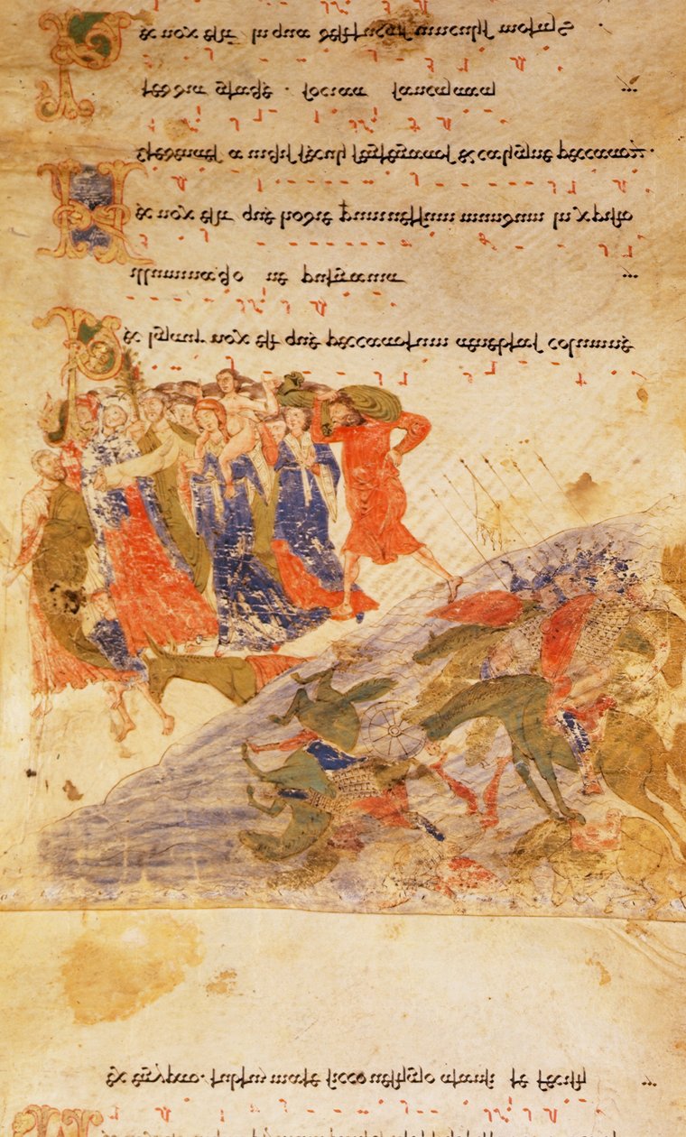 Izraelici przekraczający Morze Czerwone, z „Zwoju Exultet”, ok. 1072 (welum) autorstwa Italian School