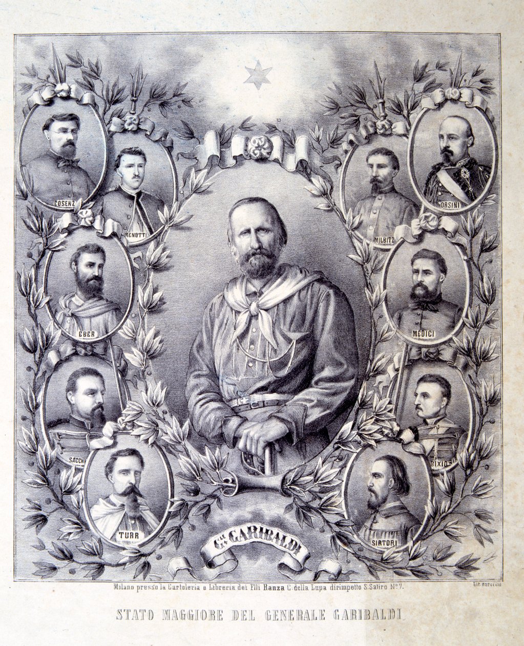 Sztab generała Garibaldiego, ilustracja z Historii Włoch autorstwa Italian School