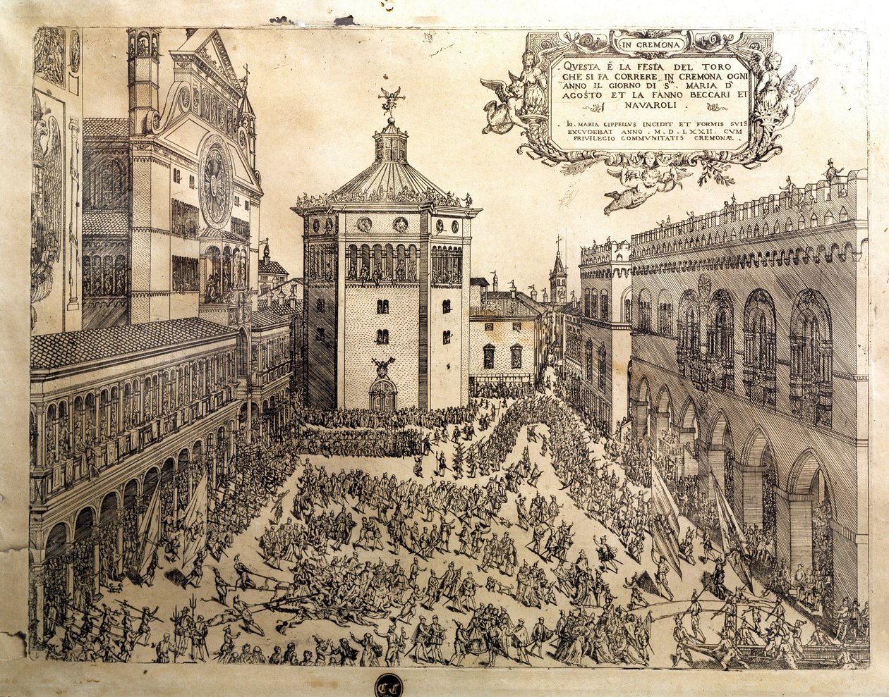 Święto Byka na Wielkim Placu Cremone (Cremona) we Włoszech. Rycina XVI-wiecznej Cremony, Museo Civico Italy autorstwa Italian School