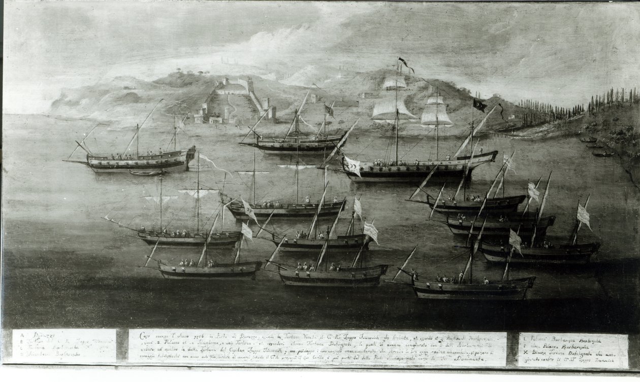 Flota wenecka dowodzona przez kapitana Iwanowicza da Dabrota przeciwko tureckim piratom pod Durazzo, 1756 autorstwa Italian School