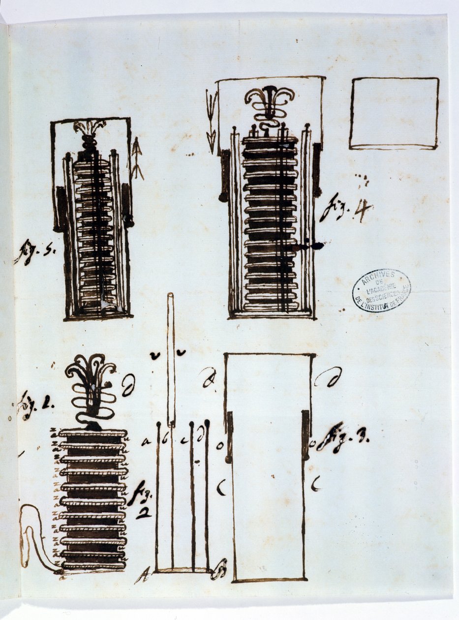 Stos Voltaic (akumulator). Rysunek z listu Alessandro Volty (1745-1827) do Dieudonne Dolomieu (1750-1801) o galwanizmie, 1801 (pióro i atrament na papierze) autorstwa Italian School