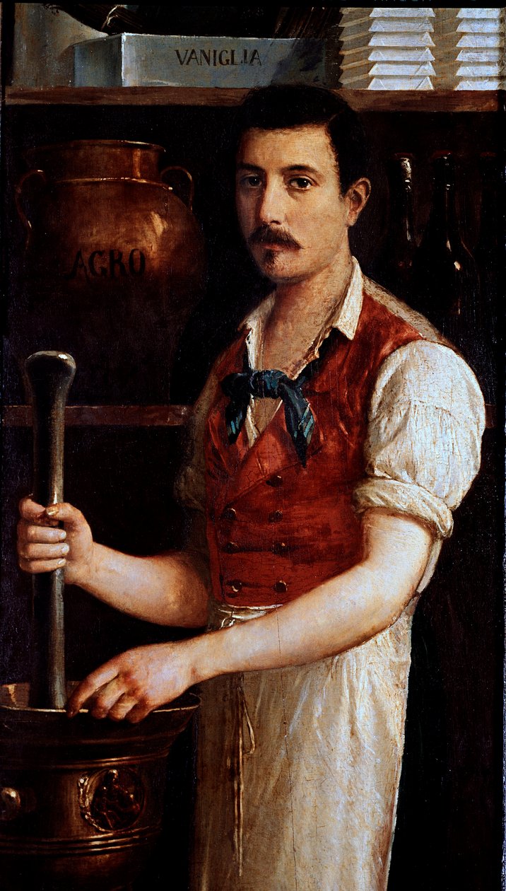 Rzemieślnicza produkcja czekolady Ziarna kakaowe są mielone. Anonimowy obraz znaku. 1875-1900 Mediolan, Museo di Milano autorstwa Italian School