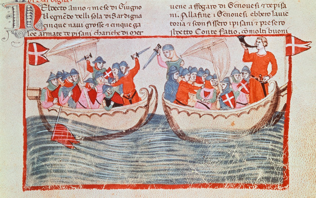 Bitwa pod Melorią, miniatura z New Chronicles autorstwa Giovanniego Villaniego, Włochy XIV wiek. autorstwa Italian School