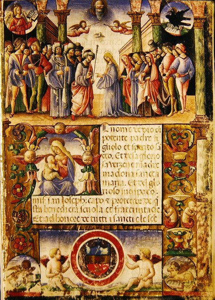 Zaręczyny Dziewicy z Mariegoli ze świeckiego cechu św. Józefa i św. Sylwestra, 1315 (tusz na welinie) autorstwa Italian School