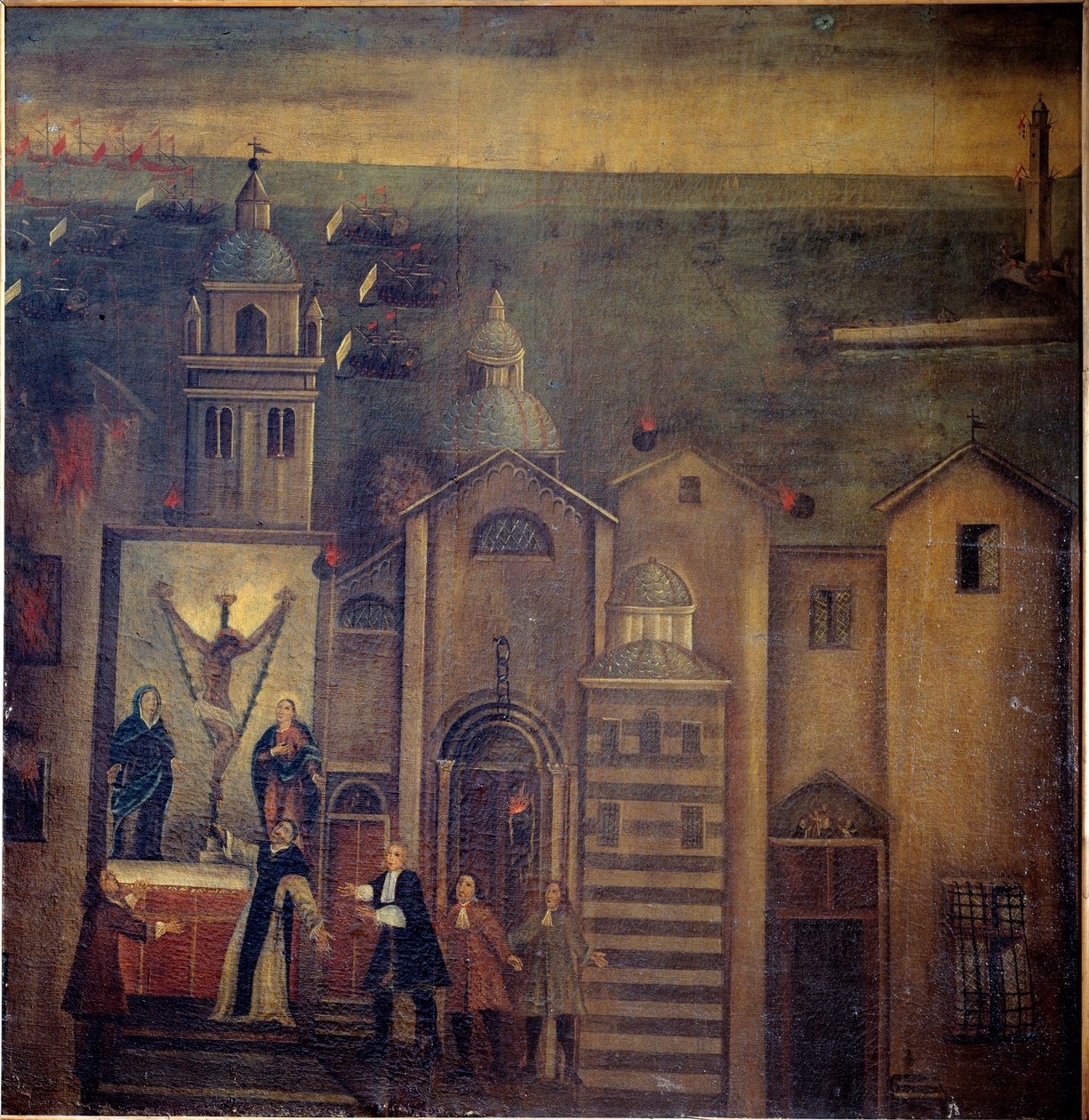 Kościół Santa Maria del Castello trafiony podczas bombardowań francuskich w 1684 roku w Genui (olej na płótnie autorstwa Italian School