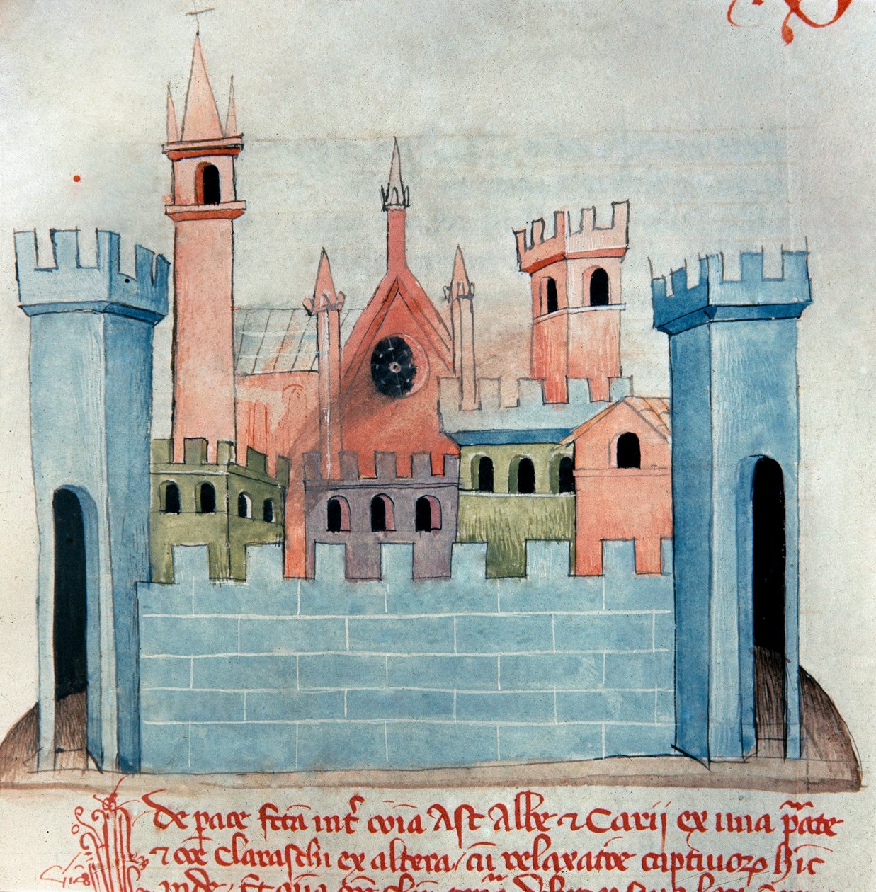 Miasto Cherasco (Querasque) w prowincji Coni w Piemoncie we Włoszech. Kościół i mury oraz wieża obronna średniowiecznego miasta. Strona Codex Astensis lub Malabayla. Miniatura z XIII wieku. Asti, Archivio Storico Comunale autorstwa Italian School