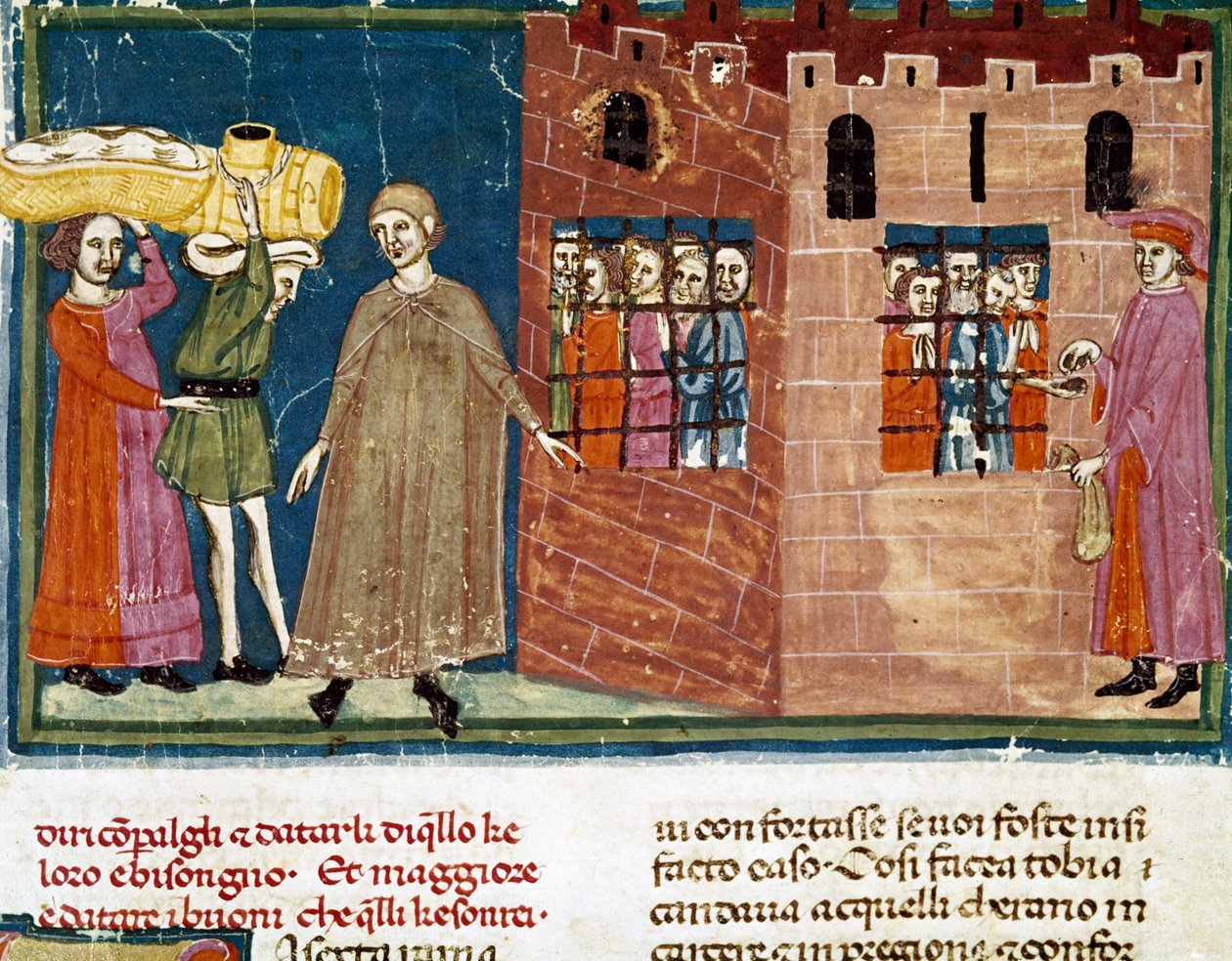 Dystrybucja posiłków więźniom Miniatura szkoły florenckiej zaczerpnięta z rozszerzenia „Pater noster” Ser Zucchero Bencivenniego (MS.II.VI 16) początek XIV wieku Florencja, biblioteka narodowa autorstwa Italian School