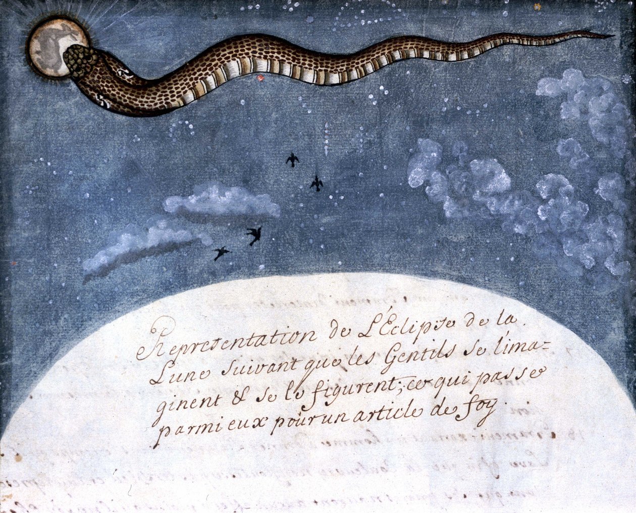 Zaćmienie księżyca wyobrażone przez Indian Mogol (wąż pożerający księżyc) Strona zaczerpnięta z rękopisu (ms.8300) „Historia Mogol” (Moghul lub Moghol) autorstwa Stefano Nivibus Cardeira. 18 wiek. Bibloteca marciana, Wenecja autorstwa Italian School