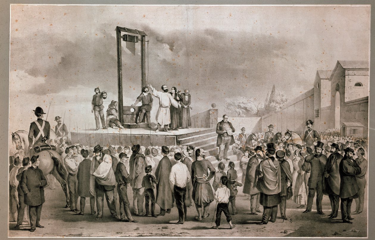 Egzekucja 13.03.1858 Felice Orsini (1819 - 1858) i Pieri, którzy dokonali ataku 14 stycznia 1858 na Napoleona III na Place de la Roquette w Paryżu Litografia z końca XIX wieku. Mediolan Museo del Risorgimento autorstwa Italian School