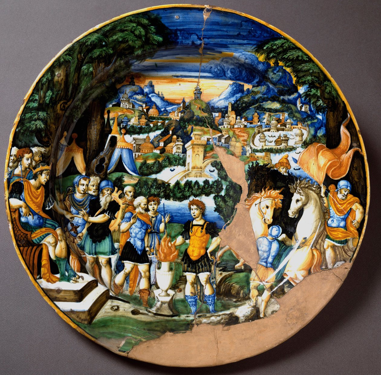 Bohaterowie Caius Mucius Scaevola naprzeciw Porsenny, króla etruskiego. Talerz ceramiczny wyprodukowany w Urbino w warsztacie Fontana we Włoszech. 1560 wokół Florencji, Museo Nazionale del Bargello autorstwa Italian School