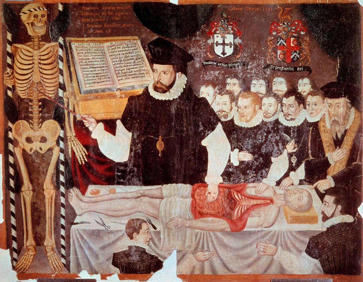 Wykład z anatomii wygłoszony przez Johna Banistera (1533-1610) w Barber Surgeons Hall w 1548 r. Obraz Frontispice „De re anatonomica” Matteo Realdo Colombo (Renaldus Columbus) (1516-1559) 1580. Paryż, B.N. - John Banister (1533-1610) wygłasza ana autorstwa Italian School