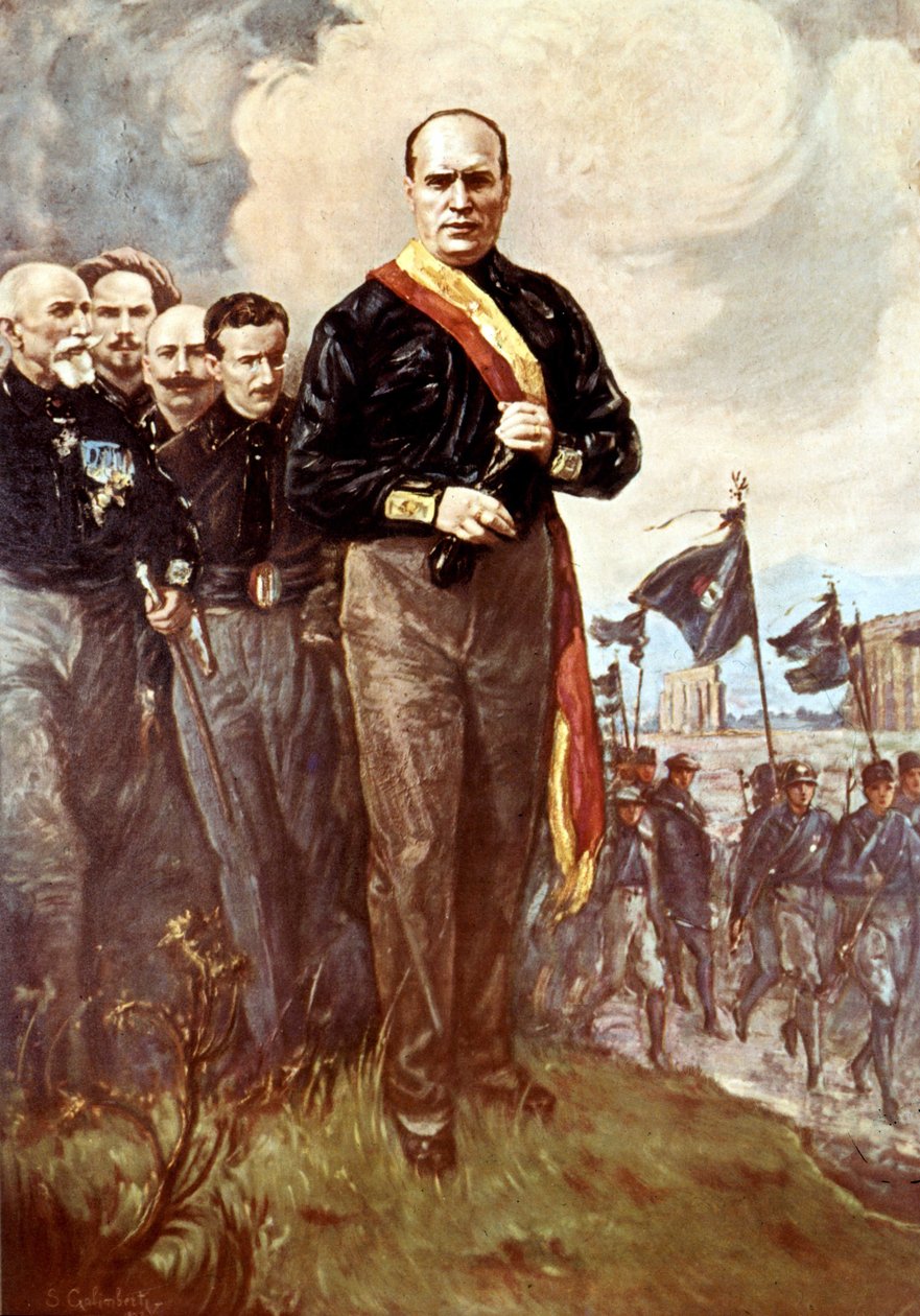Marsz na Rzym: Benito Mussolini idący w kierunku Rzymu w otoczeniu czarnych koszul 28/10/1922 po (zaginionym) obrazie S.Galimbertiego. autorstwa Italian School