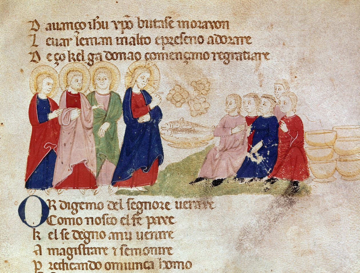 Rozmnożenie chleba i ryb Miniatura zaczerpnięta z „”Del novo e del vedre testamento”” Pietro da Barsegape (XIII w.) XIV w. Mediolan, Biblioteca Braidense autorstwa Italian School