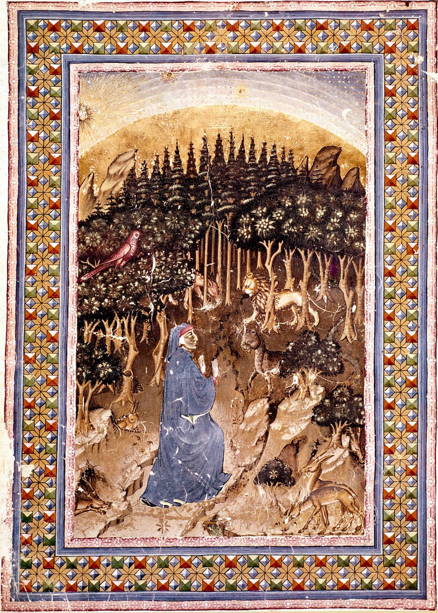 Poeta Dante trafia do ciemnego lasu. Obszerna strona pierwszej pieśni piekła czerpie z „Divina Commedia” (Boskiej Komedii) Dantego Alighieri (1265-1321). Rękopis Pani Conv. Sopr. 204 autorstwa Italian School