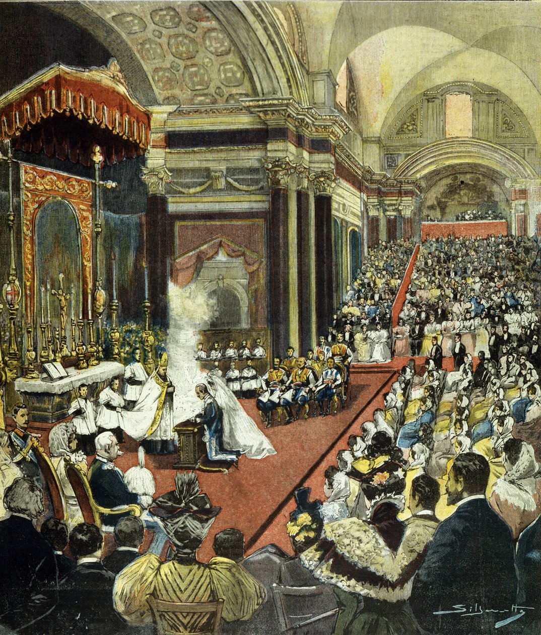 Ślub religijny tego, który zostanie królem Wiktorem Emanuelem III (Victor-Emmanuel) (Vittorio Emanuele) z księżniczką Heleną Czarnogórską w kościele Santa Maria degli Angeli w Rzymie w 1896 roku. autorstwa Italian School