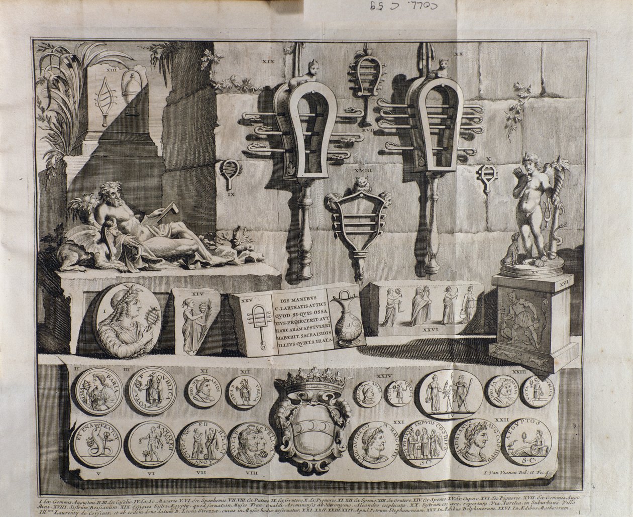 Sistrum (sistra), różne przedstawienia z De sistri Benedictusa Bacchiniusa (1651-1721) autorstwa Italian School
