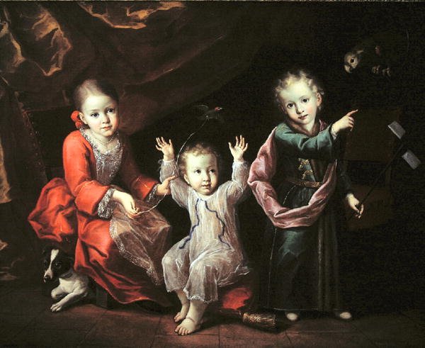 Troje dzieci we wnętrzu w otoczeniu zwierząt, ok. 1680 (olej na płótnie) autorstwa Italian School