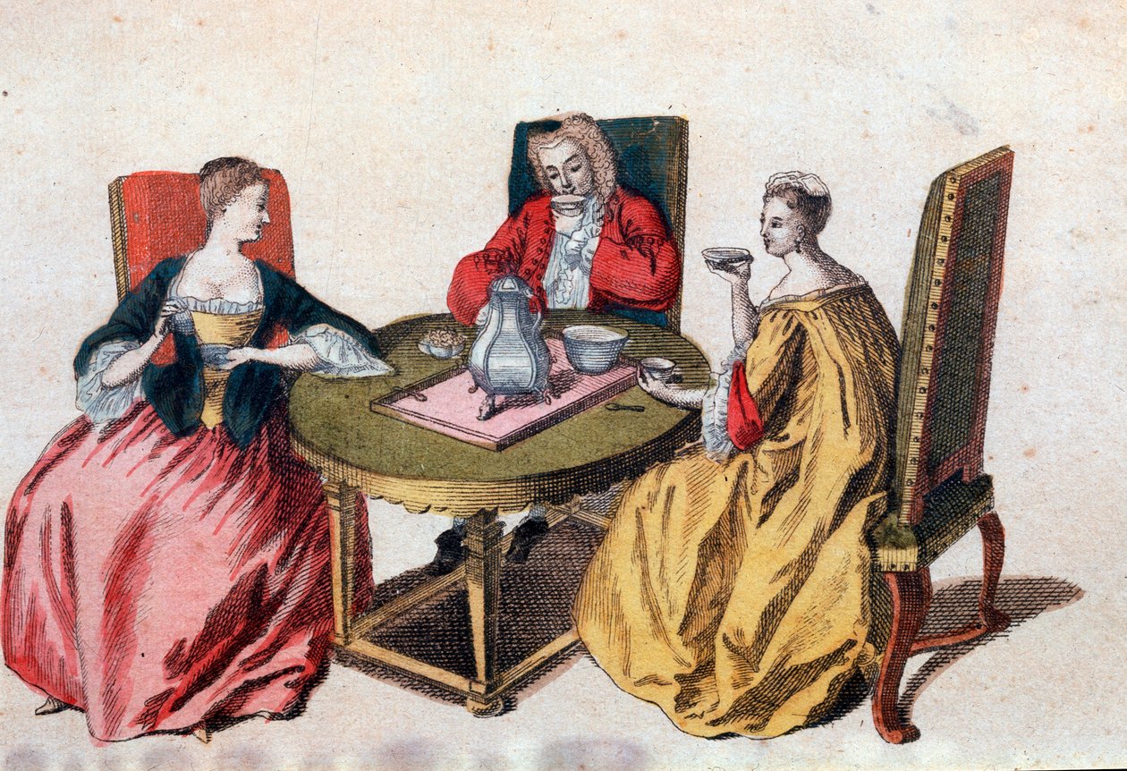 Trzech weneckich szlachciców delektujących się czekoladą Grawerowanie XVIII-wiecznej Wenecji, muzeum Correr autorstwa Italian School