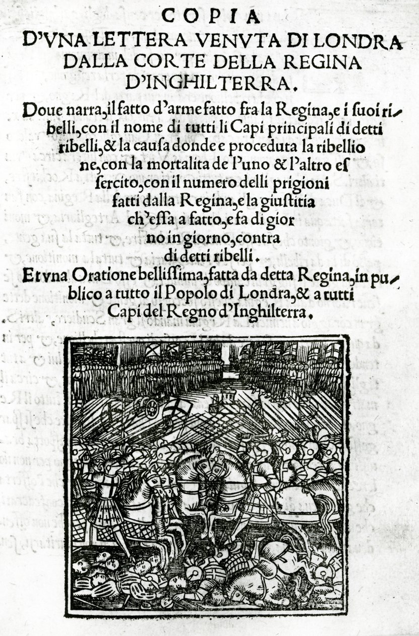 Strona tytułowa kopii listu wysłanego z dworu królowej Anglii (drzeworyt i typografia) autorstwa Italian School