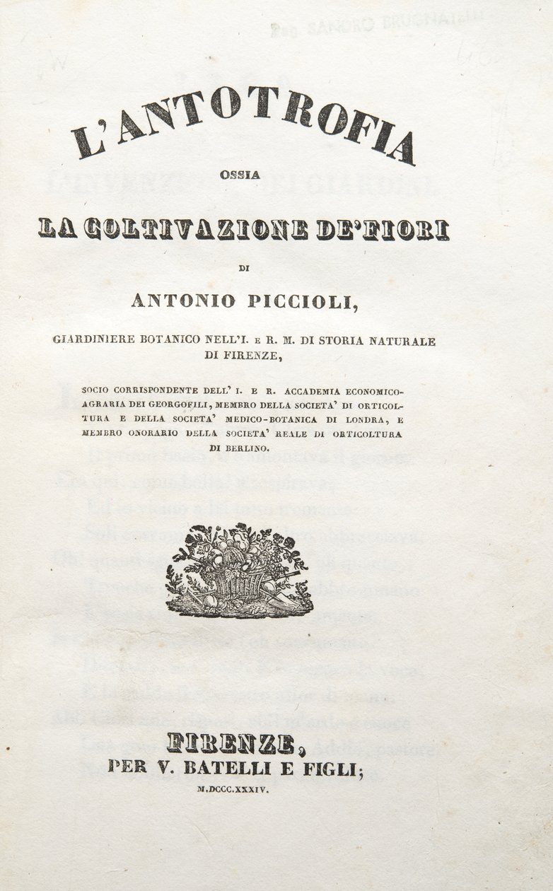 Strona tytułowa, z Antotrofii czyli uprawy kwiatów, Antonio Piccioli, wyd. 1834 (rycina) autorstwa Italian School
