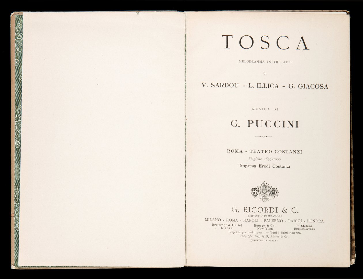 Strona tytułowa, Libretto della Tosca, Giacomo Puccini, wydanie Ricordi, Włochy autorstwa Italian School