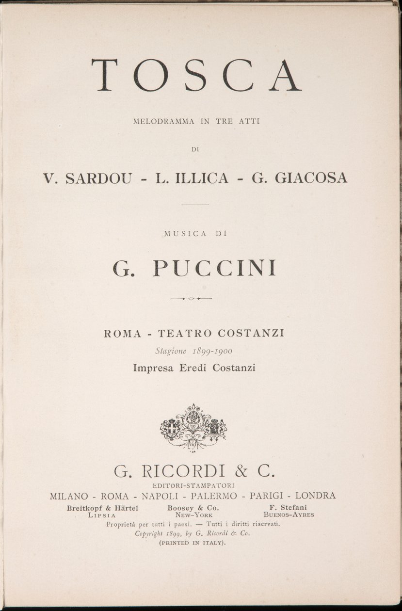 Strona tytułowa, Libretto della Tosca, Giacomo Puccini, wydanie Ricordi, Włochy autorstwa Italian School