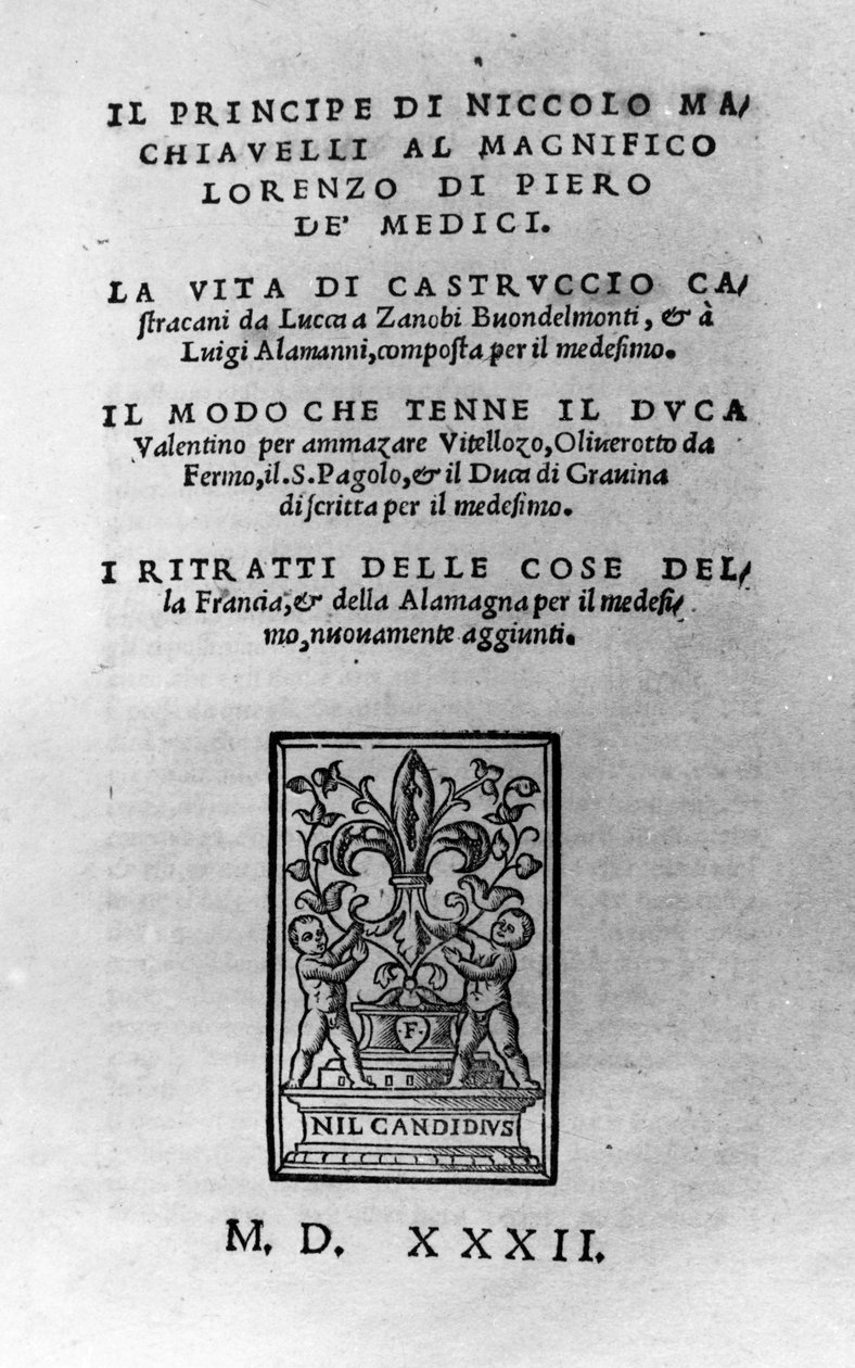 Strona tytułowa „Księcia i innych dzieł” Niccolo Machiavelli autorstwa Italian School
