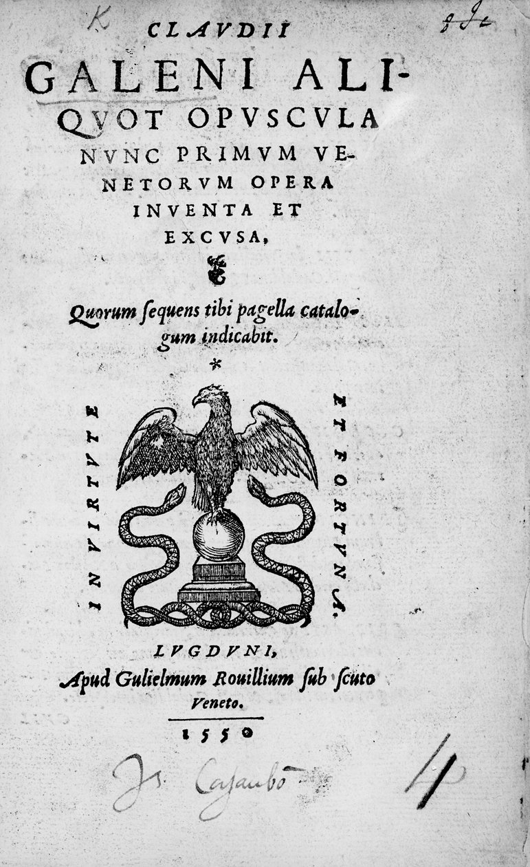 Strona tytułowa do Claudiusa Galena: Zbiór prac Claudiusa Galena, opublikowany w 1550 r. (druk) autorstwa Italian School