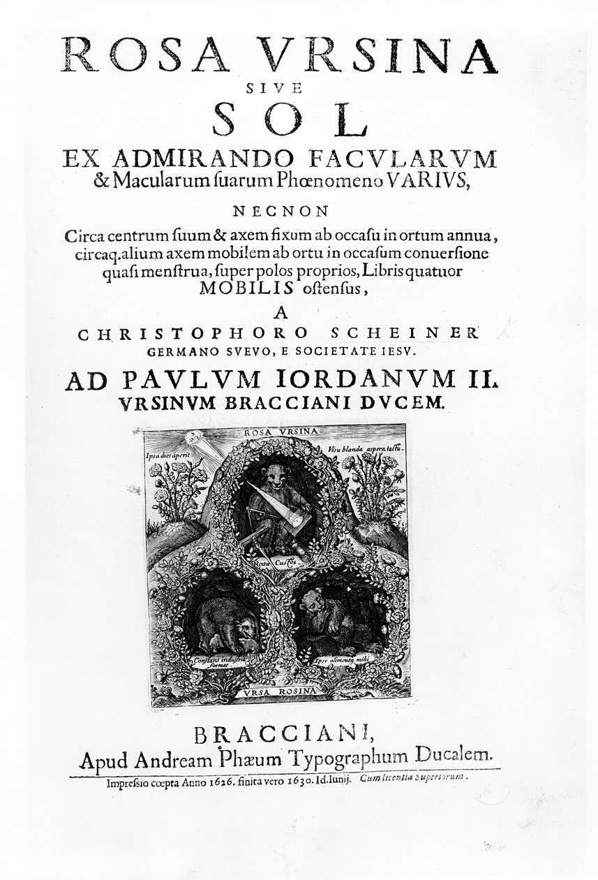 Strona tytułowa do Rosa Ursina sive Sol autorstwa Christopha Scheinera, opublikowana w 1630 r. (druk) autorstwa Italian School