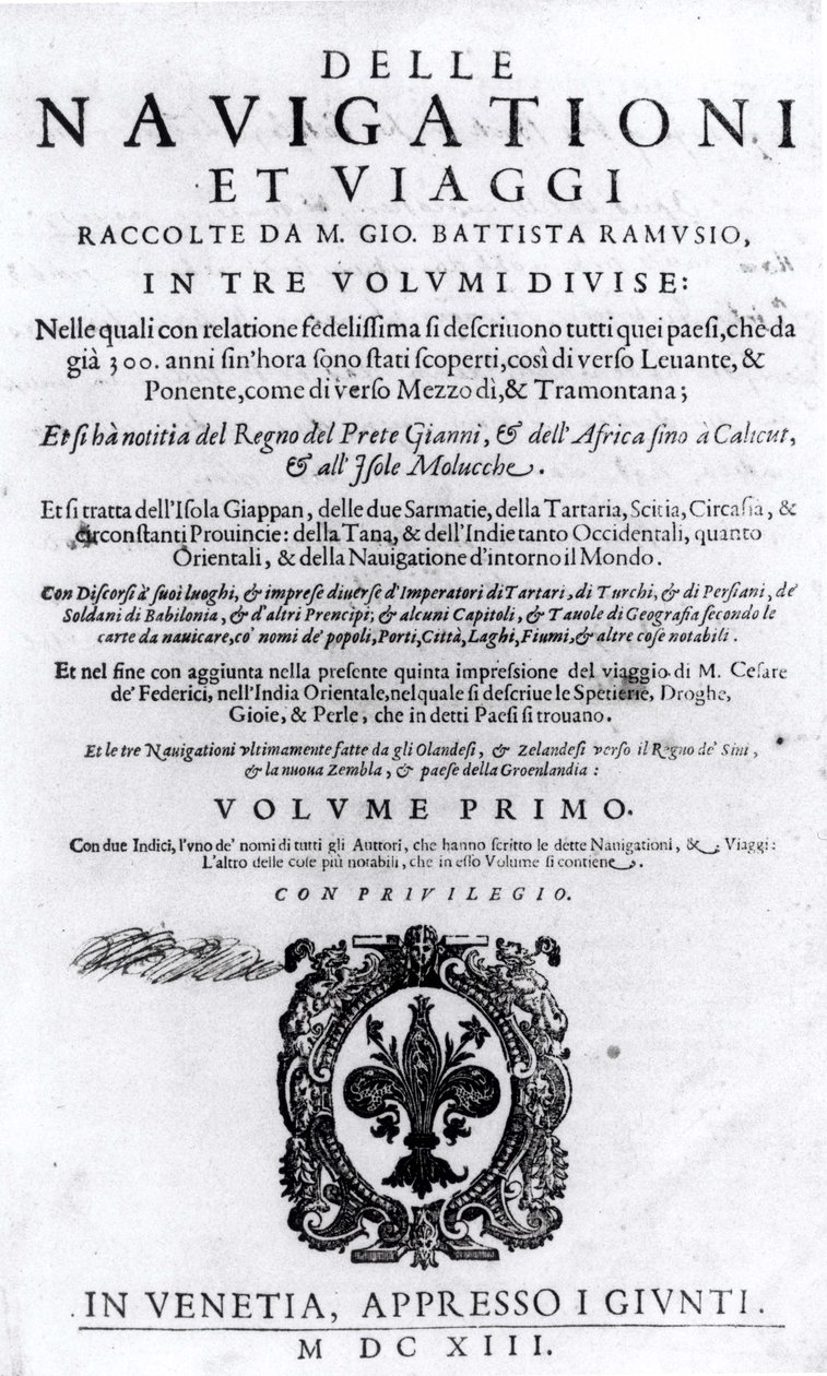 Strona tytułowa do tomu I Delle Navigationi et Viaggi Giovanniego Ramusio (1485-1557) wydana 1613 autorstwa Italian School
