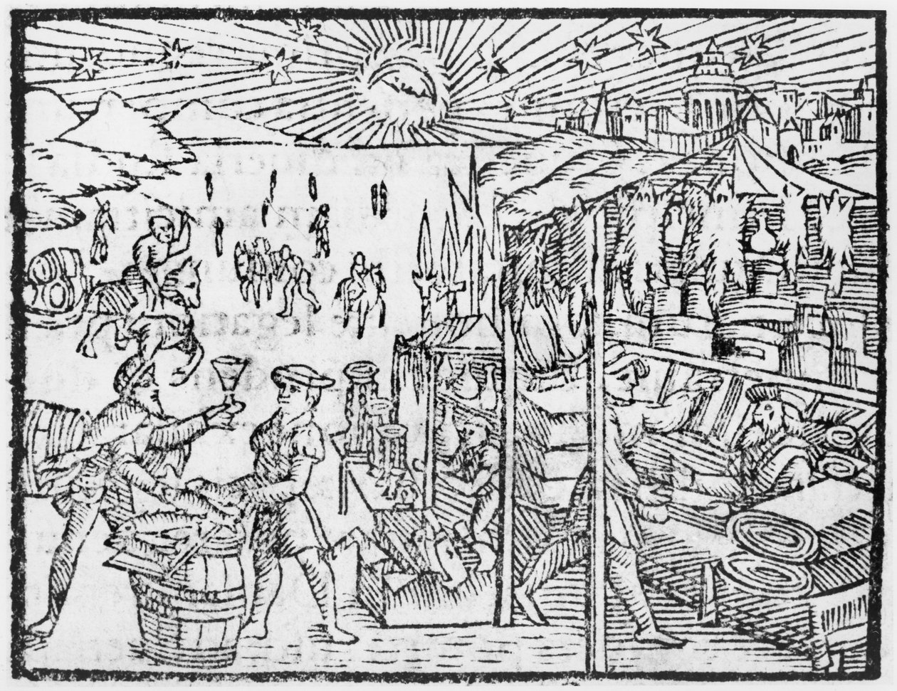 Handel w Skandynawii, ilustracja z Historii Narodów Północy Olausa Magnusa (1490-1558), opublikowana w Rzymie, 1555 autorstwa Italian School