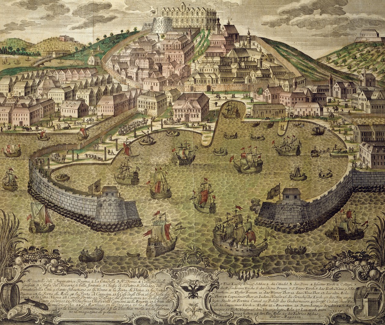 Triest miasto i jego wolny port, kolorowy grawer, Włochy autorstwa Italian School