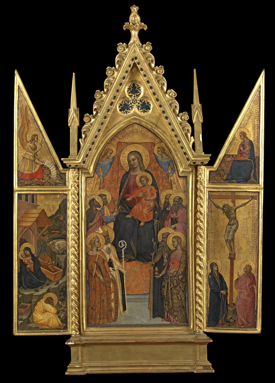 Tryptyk - Dziewica z Dzieciątkiem na tronie z ośmioma świętymi, ok. 1330-70 (tempera na desce) autorstwa Italian School
