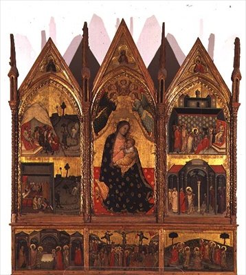 Tryptyk: Madonna z Dzieciątkiem na tronie otoczony scenami z życia św. Bartłomieja z panelem predelli ze scenami z życia Chrystusa, Szkoła Marszowa autorstwa Italian School