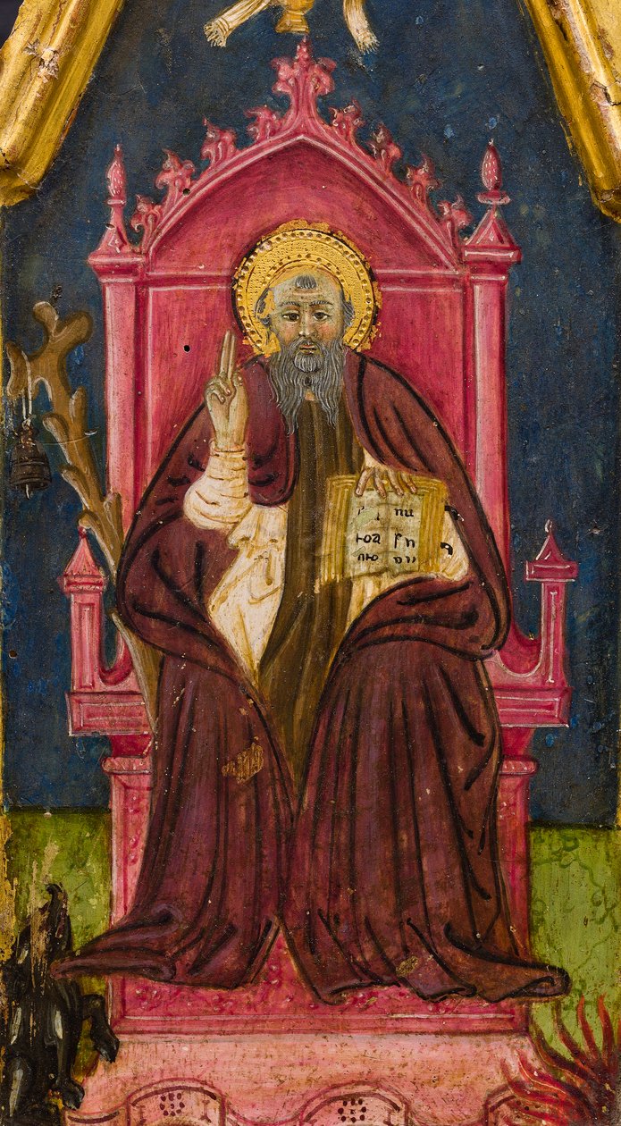 Tryptyk: Święty Antoni Opat na tronie, Święty Paweł Pustelnik i Święty Onofriusz, detal, połowa XIV wieku (tempera na panelu) autorstwa Italian School