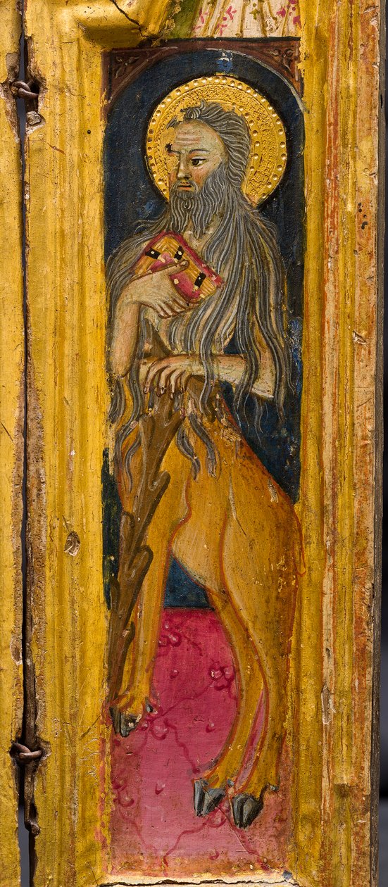 Tryptyk: Święty Antoni Opat na tronie, Święty Paweł Pustelnik i Święty Onofriusz, detal, połowa XIV wieku (tempera na panelu) autorstwa Italian School