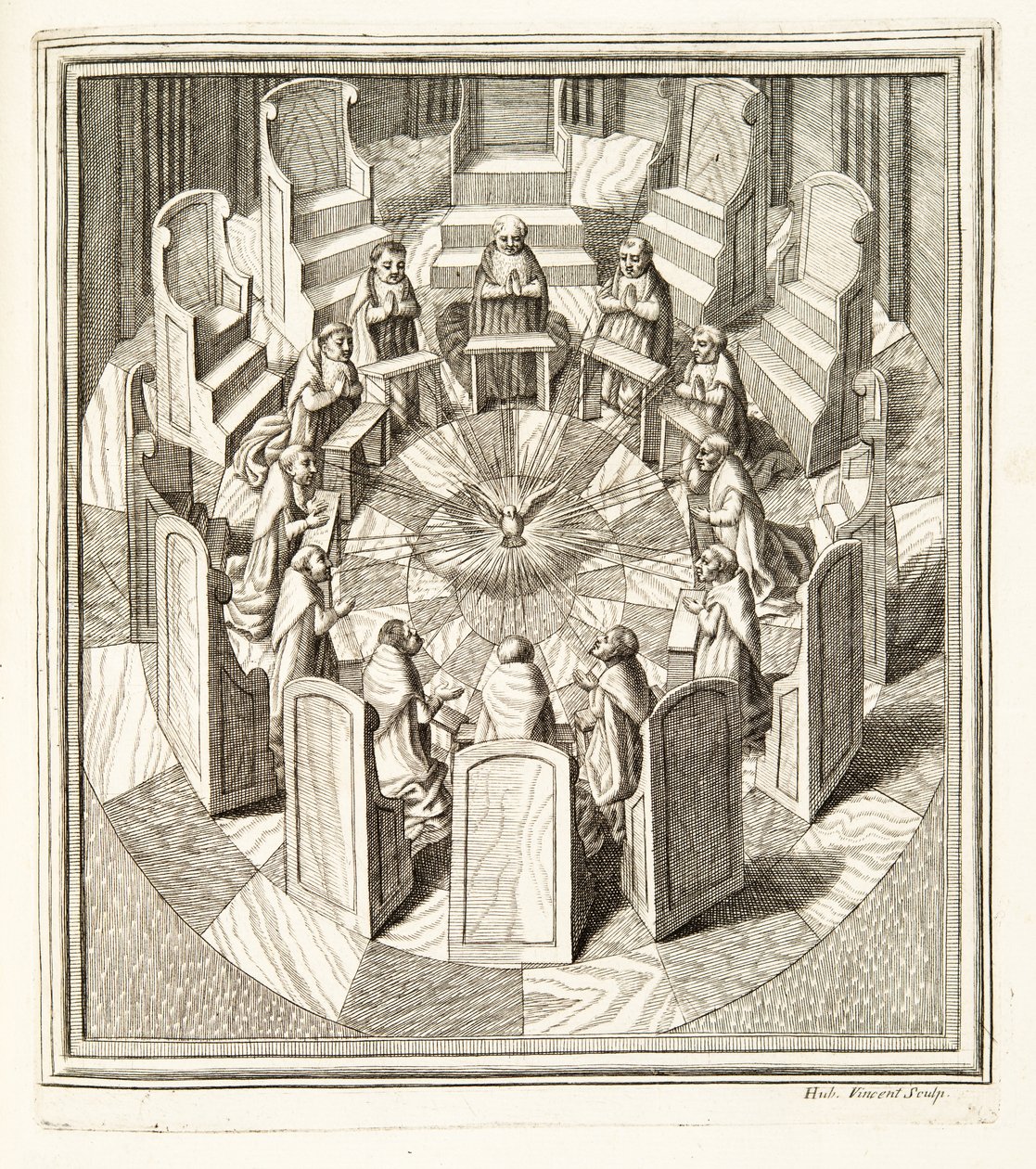 Dwunastu Sędziów Roty modlących się w okrągłej sali otaczającej Ducha Świętego, wyd. 1717 (grawerowanie) autorstwa Italian School