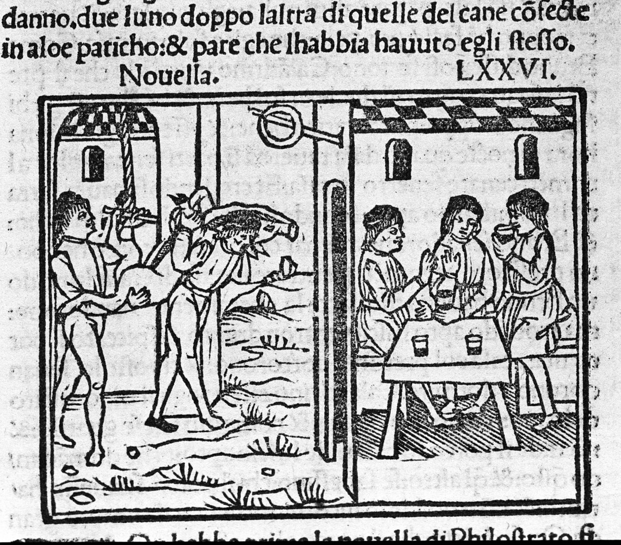 Dwóch mężczyzn niosących świnię na ramieniu. Ilustracja do wiadomości 76 (Nowa szósta dnia ósmego) „Dekameronu” autorstwa Giovanniego Boccaccio dit Jean Boccaccio (1313-1375), włoskiego pisarza. Grawerowanie w „”Dekamerone ouer Cento nouelle””Wenecja, Bart autorstwa Italian School