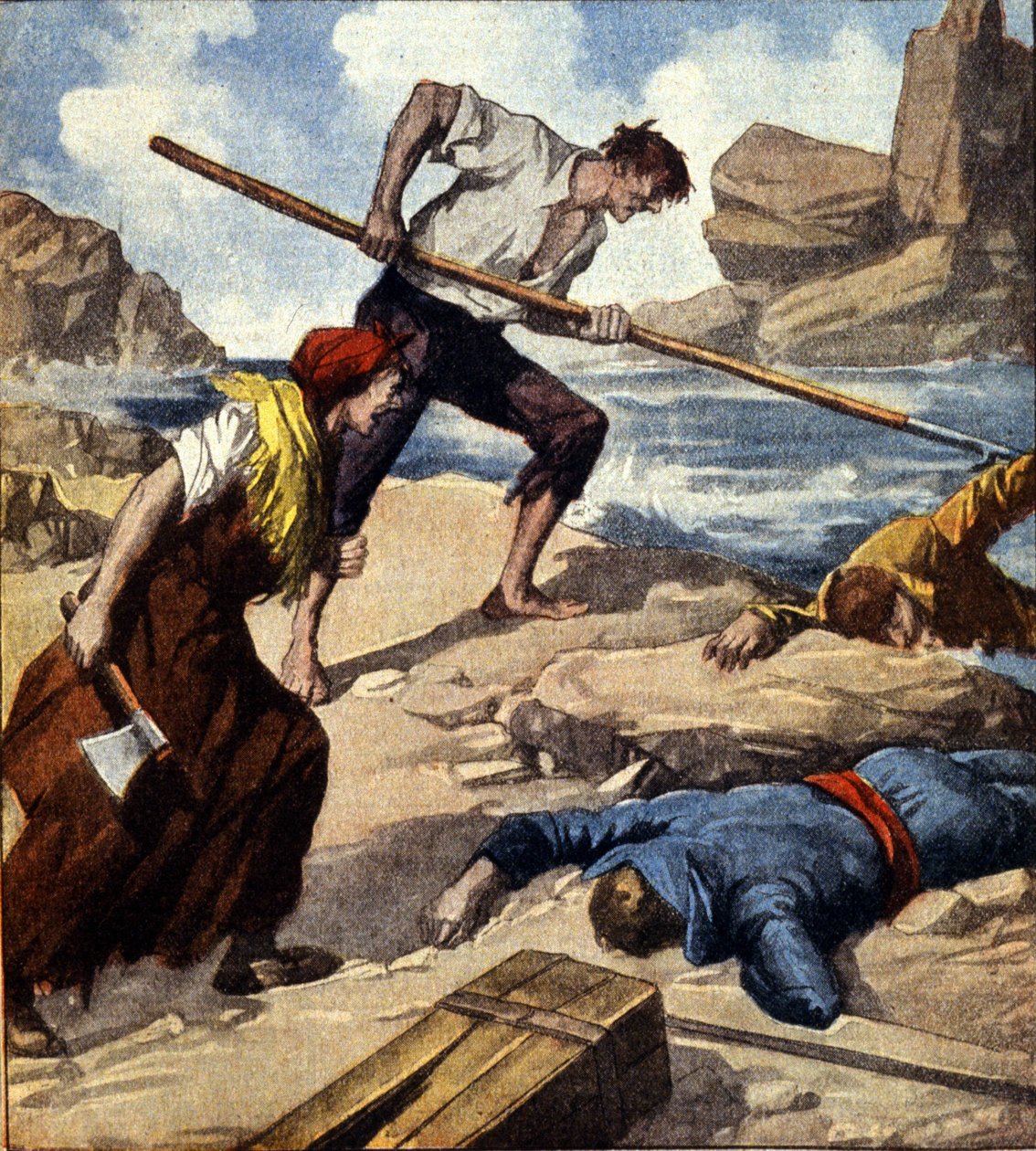 Dwóch wrakowców (piratów) po przyciągnięciu łodzi do skały ograbiło załogę. Ilustracja włoski. autorstwa Italian School