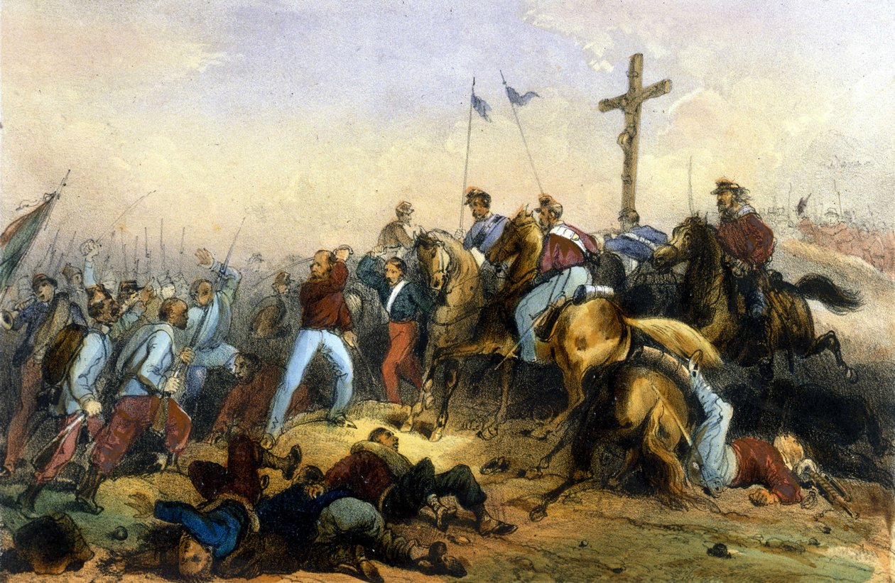 Unite of Italy: Bitwa pod Milazzo na Sycylii 20.07.1860. Tysiąc Giuseppe Garibaldiego pokonał Francois II. Litografia z końca XIX wieku autorstwa Italian School