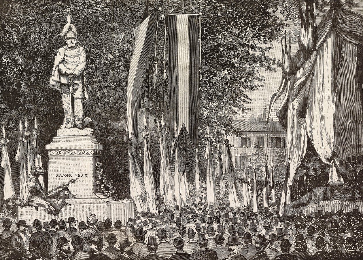 Odsłonięcie pomnika generała Giacomo Medici, Mediolan, Włochy, rycina z rysunku Edoardo Ximenesa z fotografii Rossi, z L