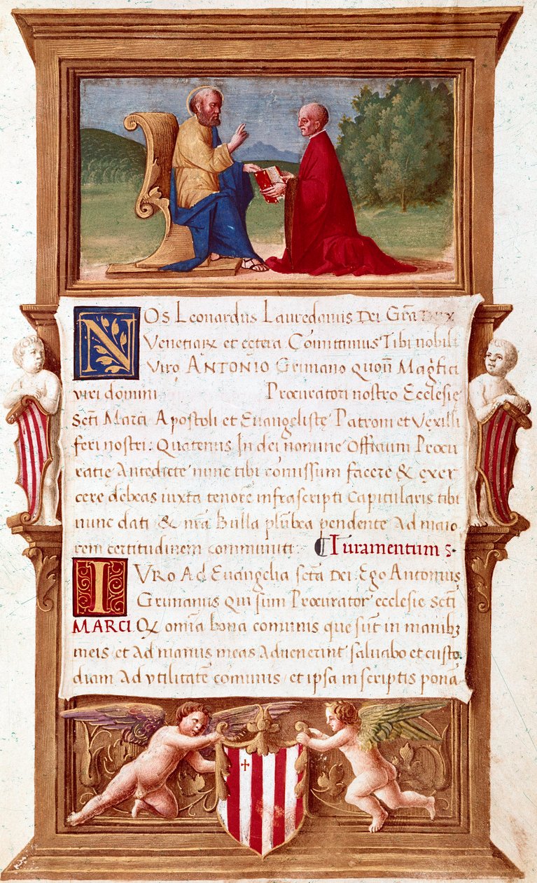 Wenecja: Komisja doży Antonio Grimani (1434-1523), prokuratora San Marco (św. Marka) Strona rękopisu z XVI wieku. Wenecja, Museo Correr autorstwa Italian School